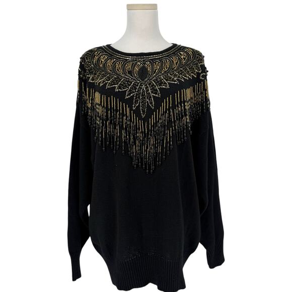 VTG 90s Maurada Gold Fringe Beaded Sweater Women’s XL Holiday Après Ski Glam - Picture 1 of 7